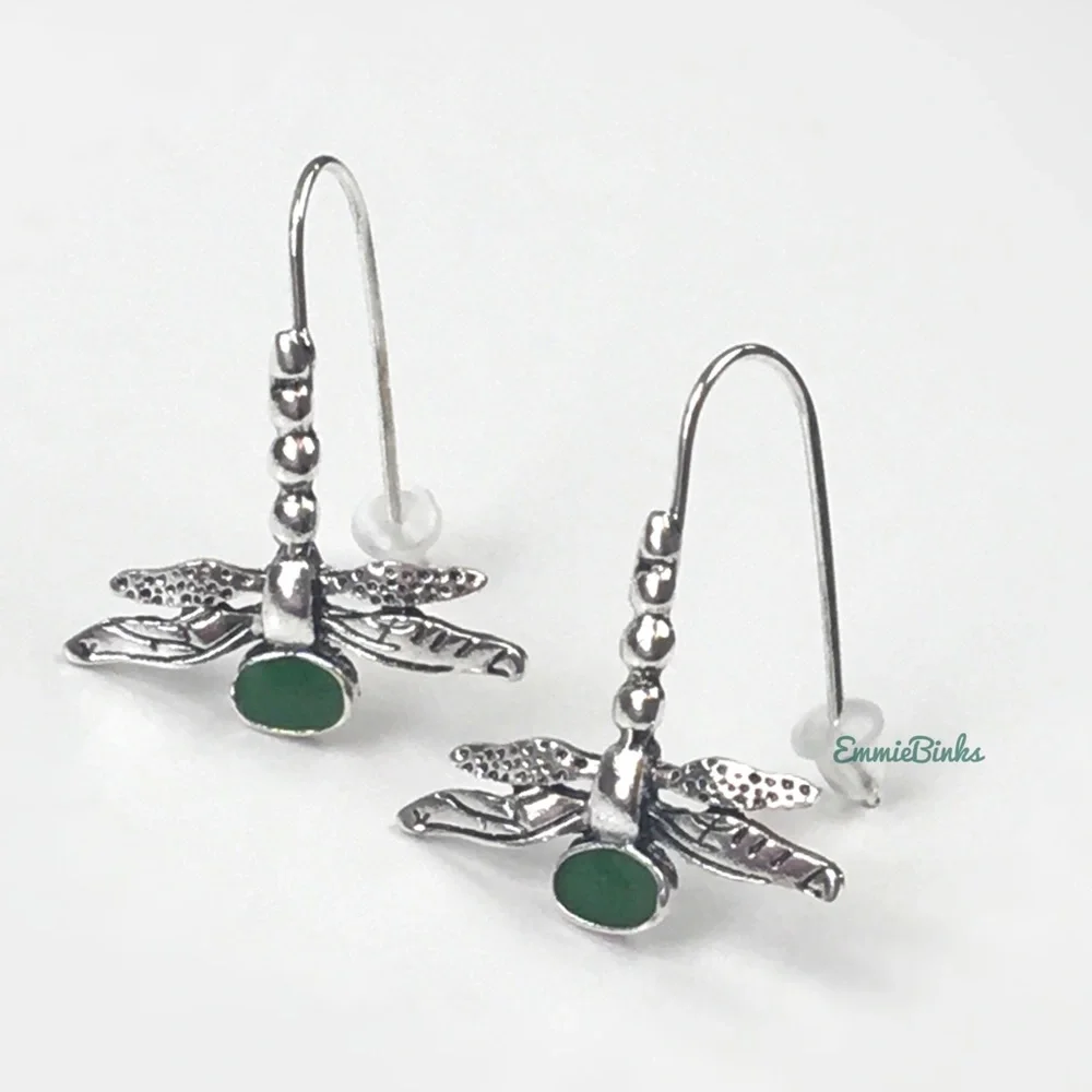 ✨3/$38  New Antique Silver & Green Dragonfly Drop Dangle Earrings - Free People - Picture 2 of 10